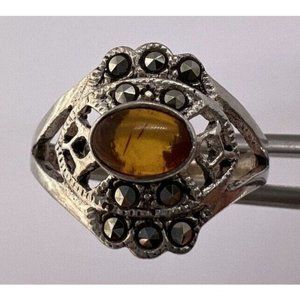 925 STERLING SILVER  AMBER & MARCASITE  RING  SIZE 7